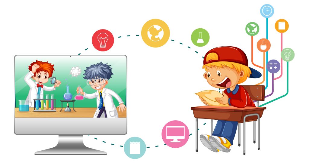 school boy with computer and education icons
